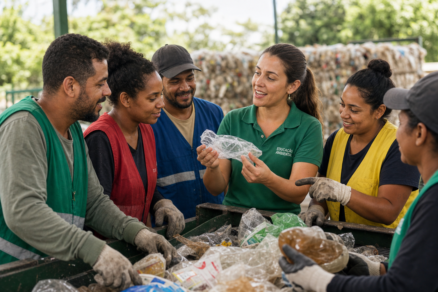 Educadora ambiental orientando catadores em uma cooperativa de reciclagem